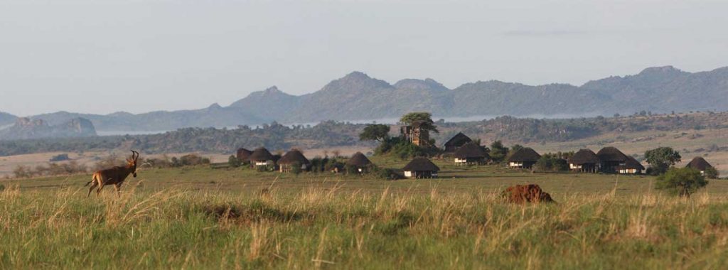 A view of Apoka Safari Lodge with mountain ranges in the background. Mount Lonyili Kidepo can also be spotted