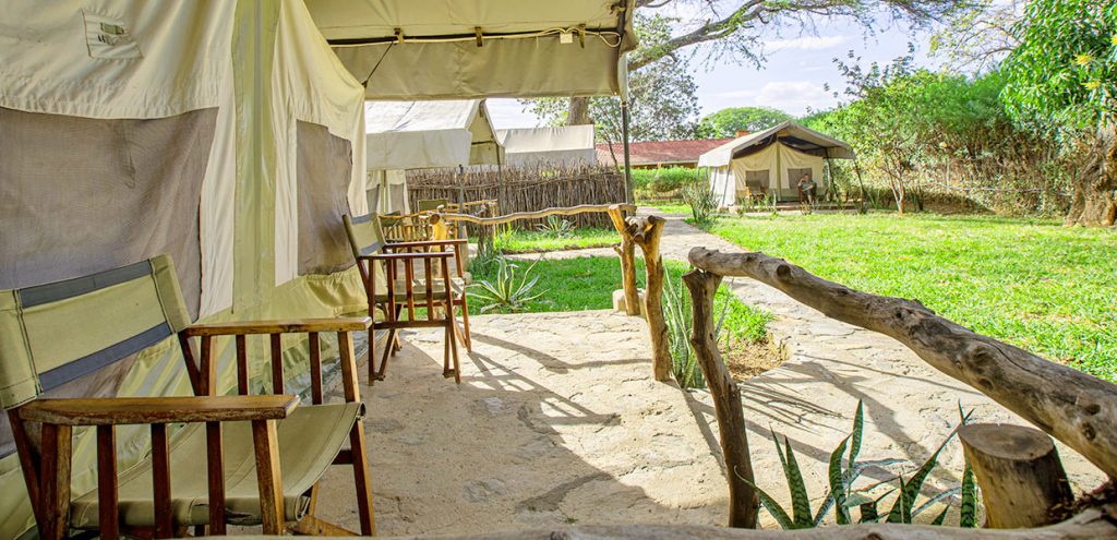 An outside view at one of the safari tents at Kara-Tunga Safari Camp, Kidepo Valley National Park.